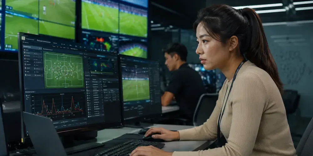 Sports analyst reviews football match data on multiple screens