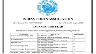 Indian Ports Association Recruitment 2025 for HR, Data Analytics, Secretary and Other Posts [Deputation]